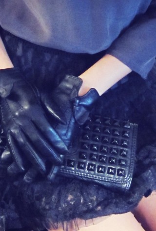 bow gloves, studded clutch