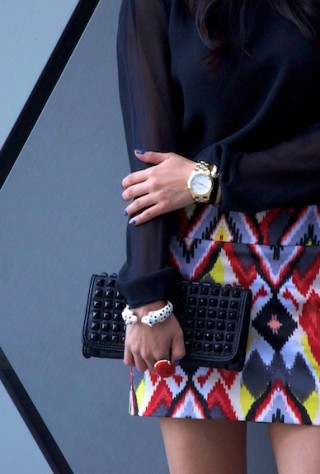 ikat, studded clutch, tiger bracelet