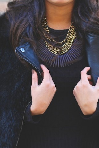 black peplum, statement necklace, faux fur