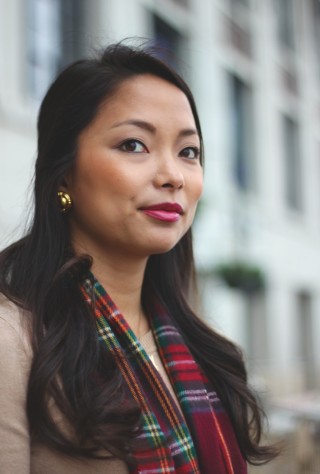 tartan, scarf, dark lipstick