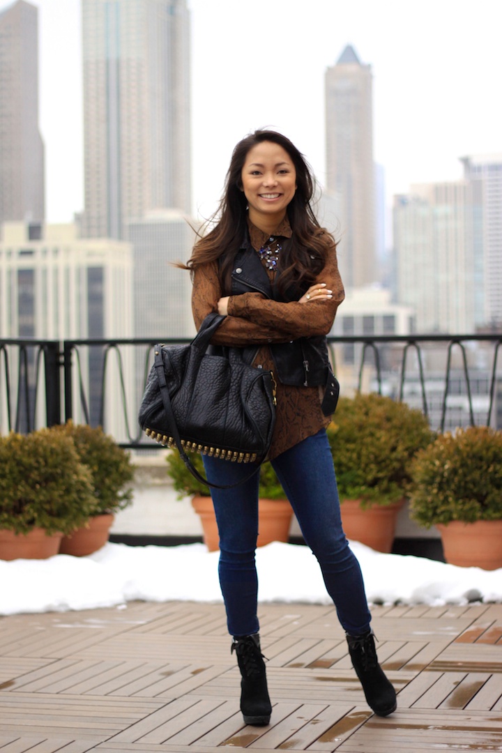 equipment blouse, leather vest, madewell jeans, street style, python