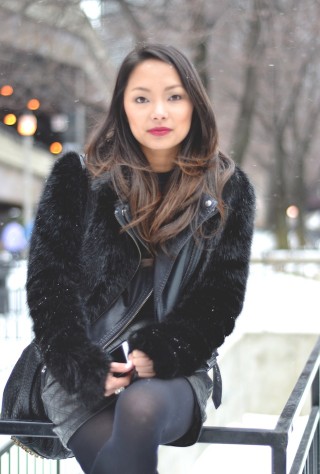 black faux fur coat, leather, winter style, bold lip