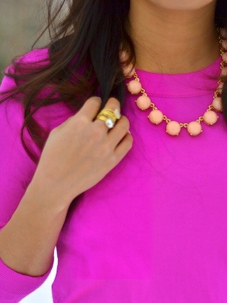 pink sweater, pink skirt, pink necklace, winter style