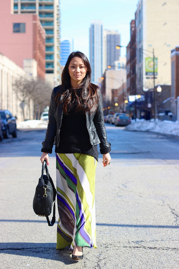 long skirt, silk, brushstroke, leather jacket, alexander wang rocco