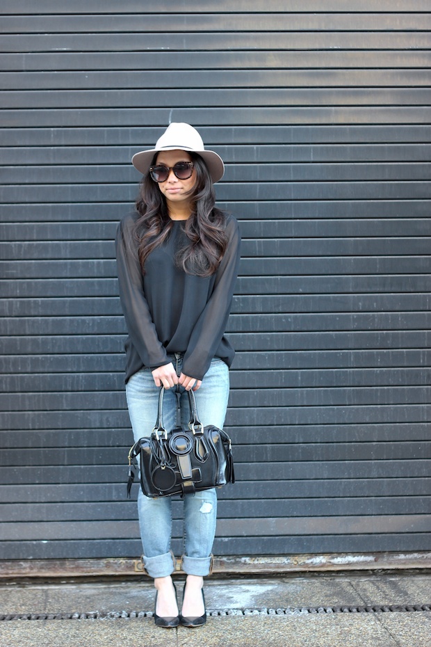 floppy fedora, boyfriend skinny jeans, hat