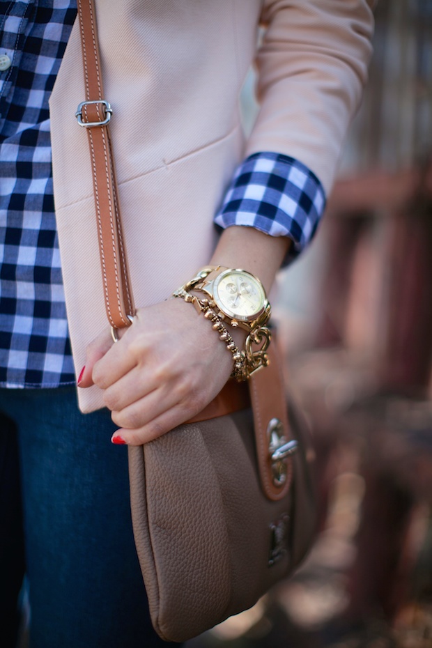 gingham, peach blazer, structured blazer, marrin costello, cognac booties