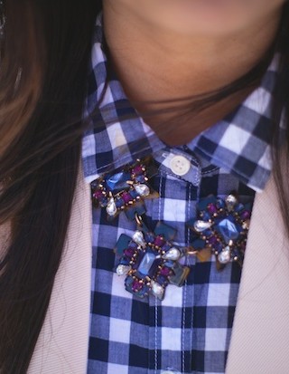 gingham, peach blazer, structured blazer, marrin costello, bauble bar, tortoise
