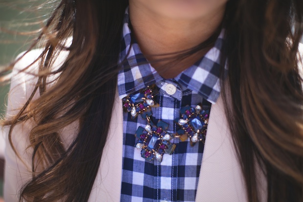 gingham, peach blazer, structured blazer, marrin costello, bauble bar, tortoise