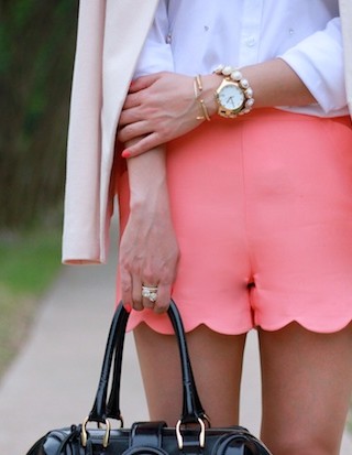 scalloped shorts, pink shorts, short suit, pink blazer, ann taylor embellished blouse