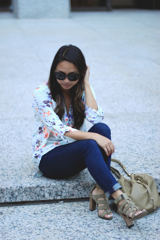 nastygal spring blouse, floral blouse, prada cat eye sunglasses, bucket bag, dolce vita niro sandals