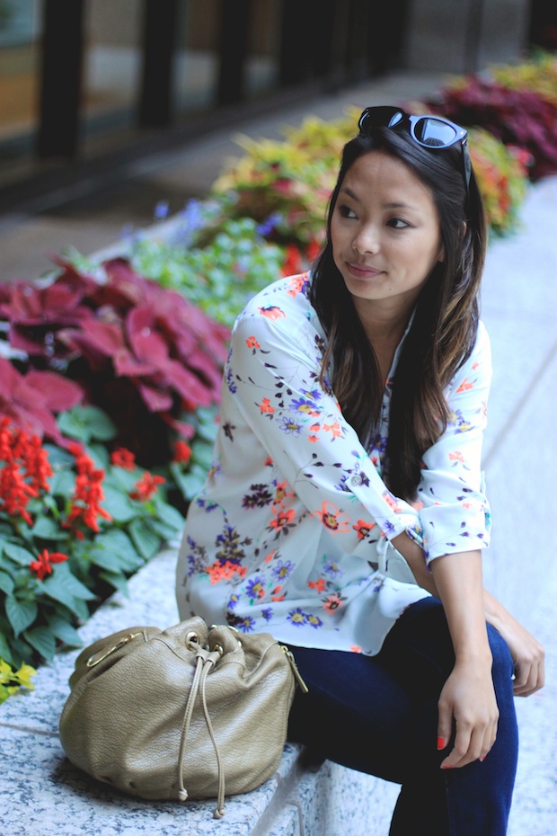 nastygal spring blouse, floral blouse, prada cat eye sunglasses, bucket bag, dolce vita niro sandals