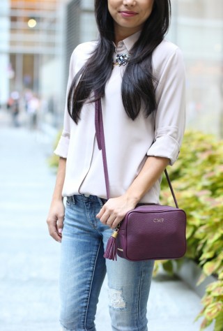 everlane silk round collar dusk, gigi new york madison crossbody, bauble bar, berry, fall style, ripped boyfriend jeans