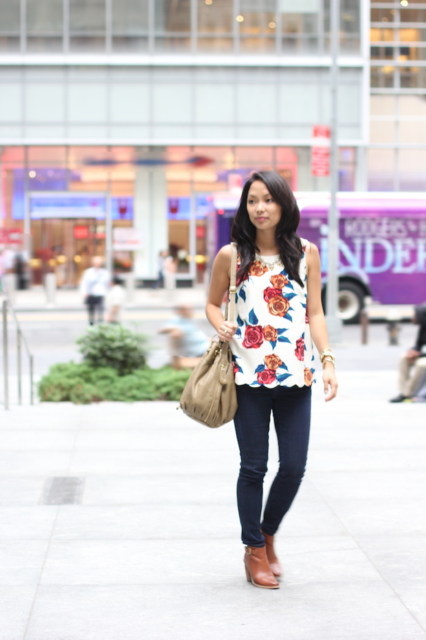 anthropologie botanica blouse, floral top anthro, fall florals, madewell jeans, cognac booties, bucket bag