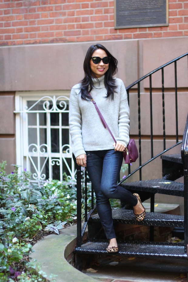 french connection, honeycomb stitch high neck jumper, gray turtleneck, sweaters, leopard flats, gigi new york madison