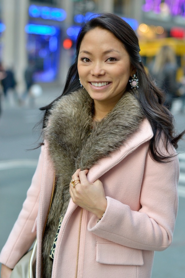 jcrew stadium cloth cocoon coat, jcrew pink coat, pink wool coat, faux fur vest, leopard heels