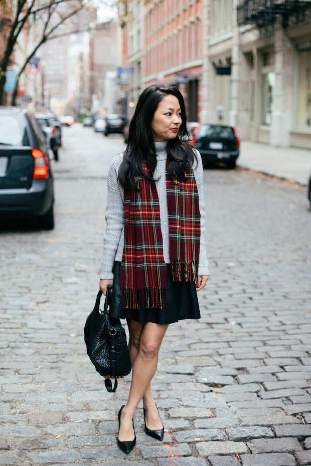 tartan, turtleneck sweater, plaid scarf, leather skirt, skater skirt, winter style, christmas style
