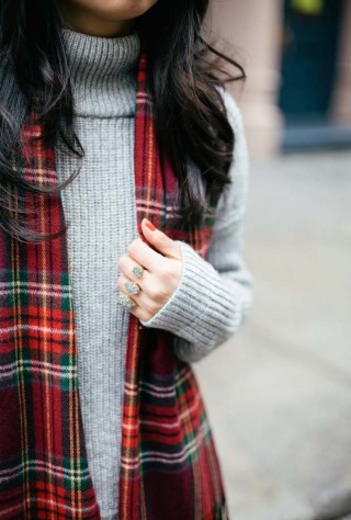 french connection sweater, plaid scarf, leather skirt, skater skirt, winter style, holiday style