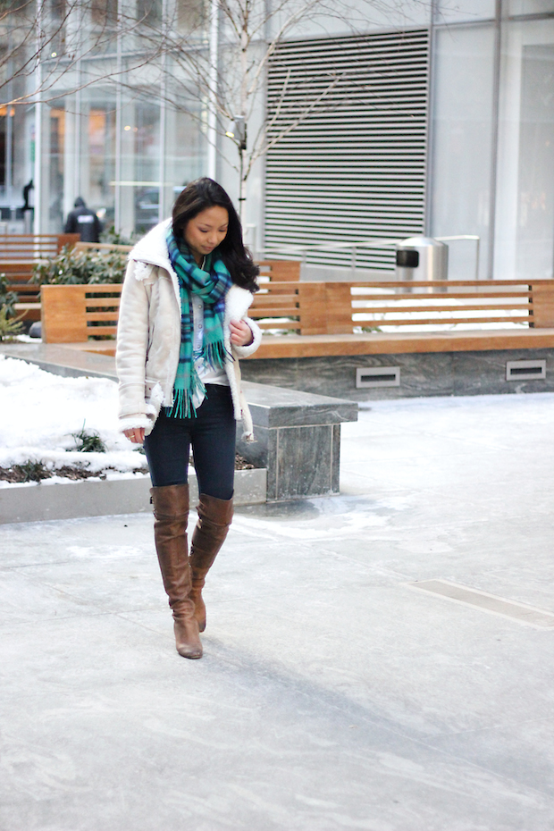 shearling jacket, the view from 5 ft. 2, christine petric, winter coats, winter jackets, warm and stylish winter