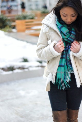 shearling jacket, the view from 5 ft. 2, christine petric, winter coats, winter jackets, warm and stylish winter