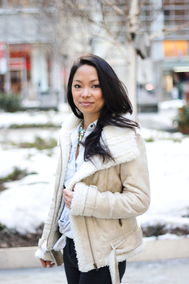 shearling jacket, the view from 5 ft. 2, christine petric, winter coats, winter jackets, warm and stylish winter