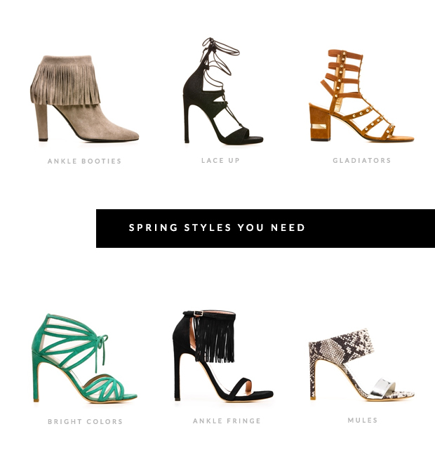 spring shoe trends, stuart weitzman, gladiator sandals, mules, lace up heels, fringe heels