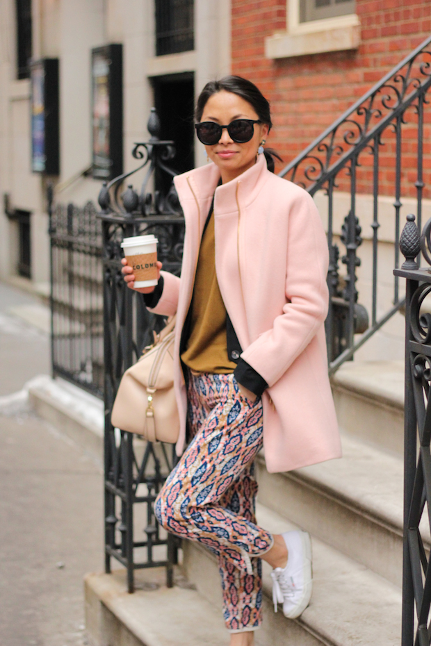 anthropologie joggers, jcrew cocoon coat, pink coat, everlane sweater, christine petric, the view from 5 ft. 2