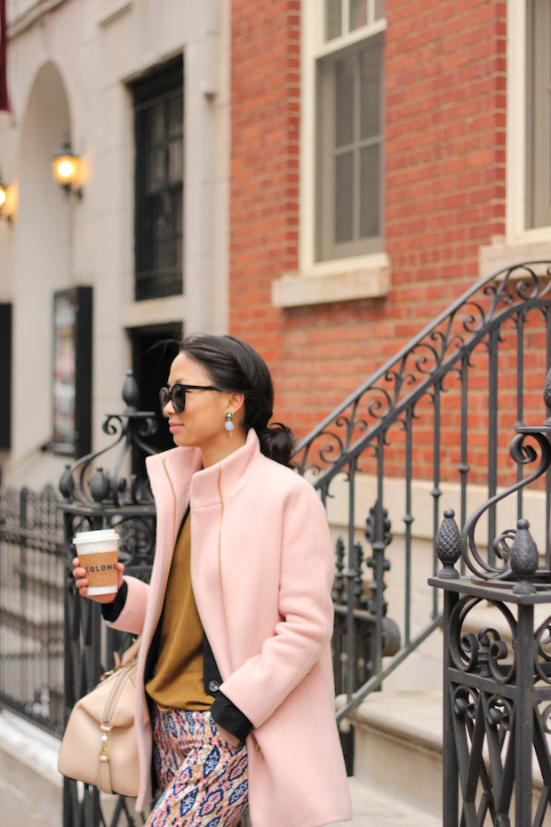 anthropologie joggers, jcrew cocoon coat, pink coat, everlane sweater, christine petric, the view from 5 ft. 2, bauble bar earrings