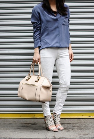 vince camuto fandy, snakeskin heels, equipment blouse, trenchcoat style, white jeans, christine petric, the view from 5 ft. 2