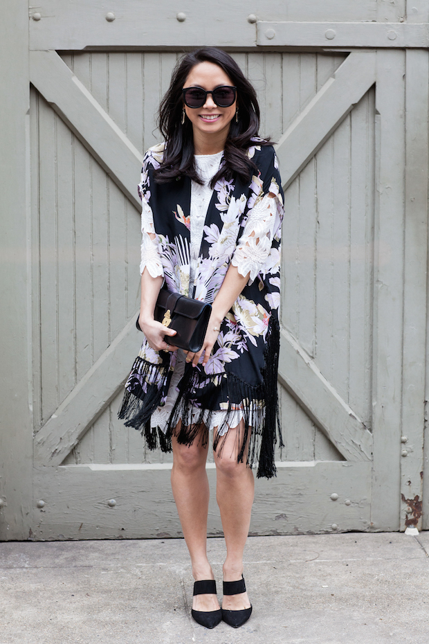 white lace dress, piperlime, kimono, topshop, fringe, christine petric, the view from 5 ft. 2