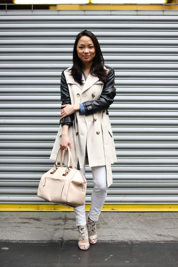 vince camuto fandy, snakeskin heels, equipment blouse, trenchcoat style, white jeans, christine petric, the view from 5 ft. 2