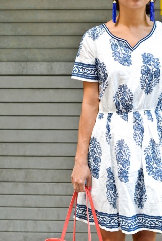 chicwish blue floral dress, porcelain print, dolce vita wedges, gigi new york mini taylor, christine petric, the view from 5 ft. 2