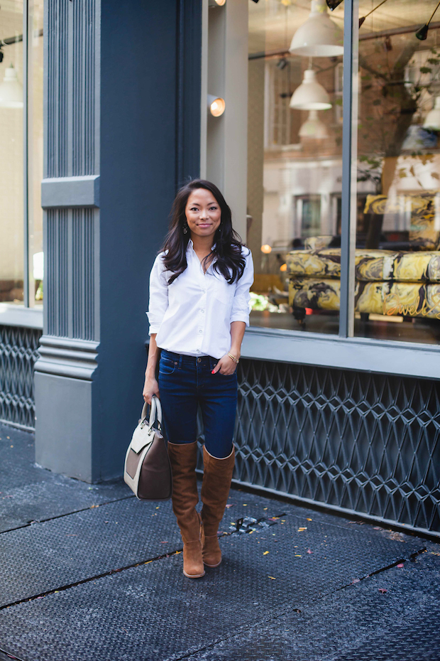 fall basics, fall essentials, white blouse, over the knee boots, christine petric, the view from 5 ft. 2, danielle nicole handbags