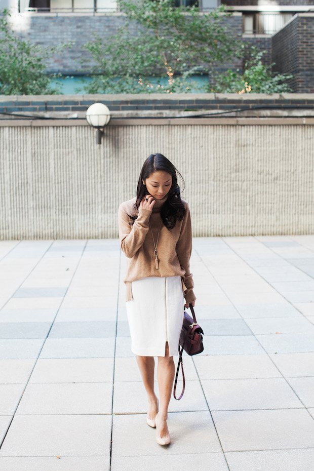 stuart weitzman pumps, cream skirt, cashmere turtleneck, christine petric, the view from 5 ft. 2