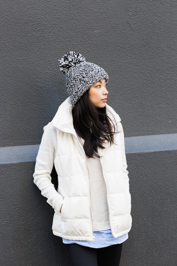 old navy, puffer vest, pom beanie, marled knit, christine petric, nike juvenate sneaker, the view from 5 ft. 2