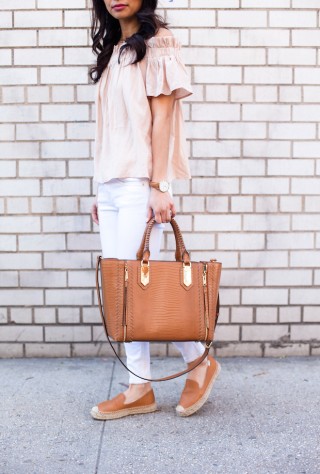 off shoulder top, rag and bone jeans, henri bendel, soludos espadrilles, christine petric, the view from 5 ft. 2