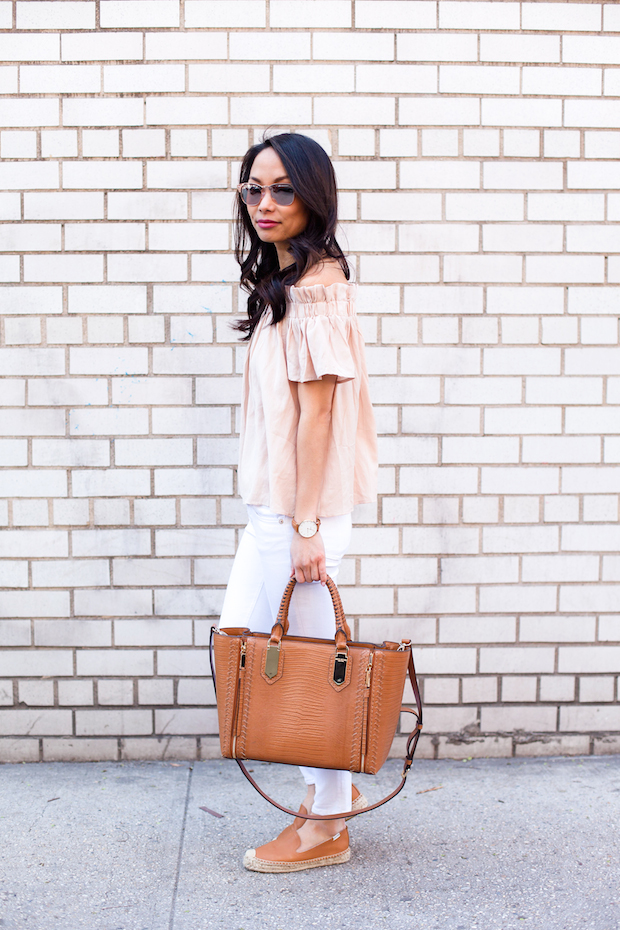 off shoulder top, rag and bone jeans, henri bendel, soludos espadrilles, christine petric, the view from 5 ft. 2