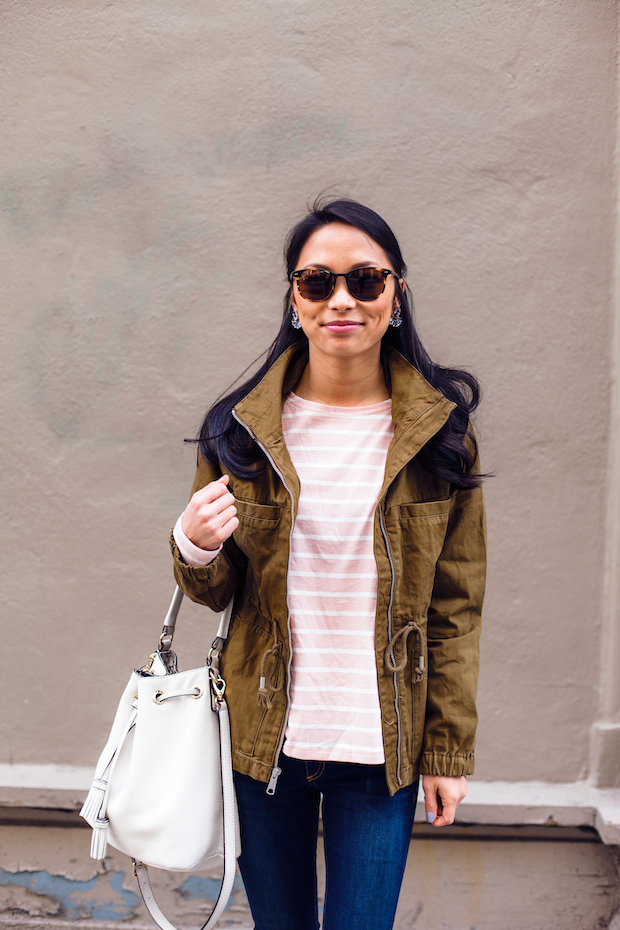 old navy striped tee, utility jacket, henri bendel, mgemi flats, christine petric, the view from 5 ft. 2