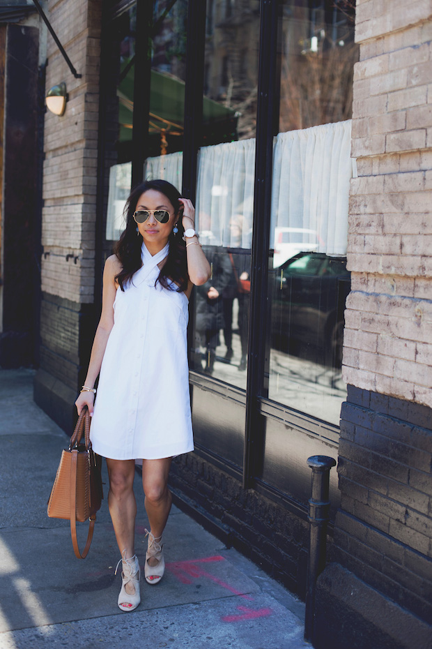 white shirtdress, summer outfits, aquazurra sexy thing booties, christine petric, the view from 5 ft. 2