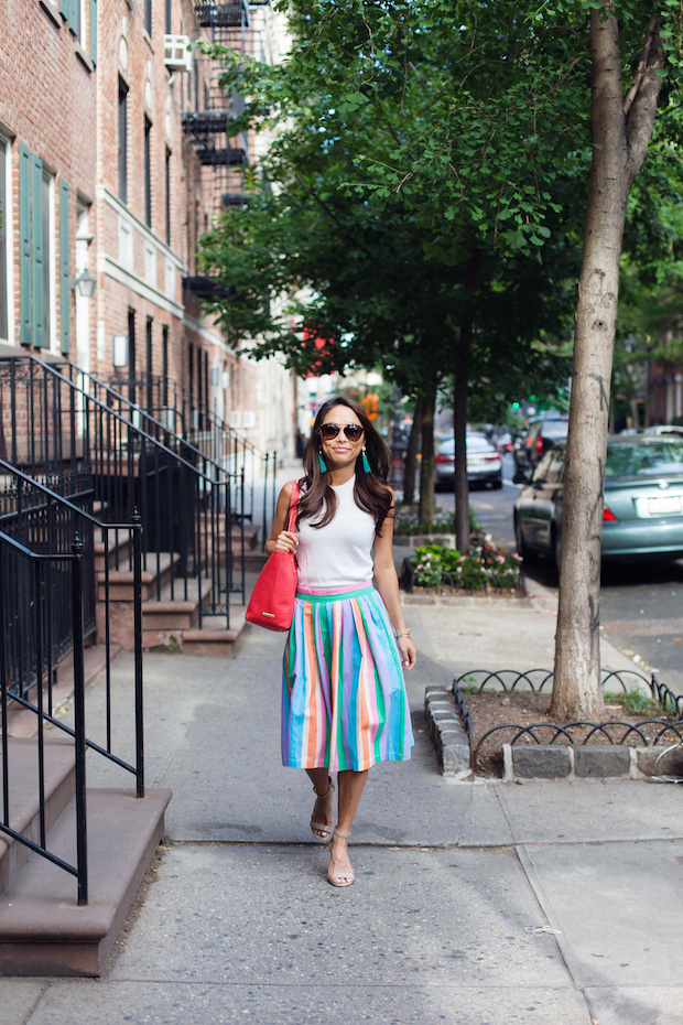 colorful midi skirt, modcloth, summer workwear, christine petric, the view from 5 ft. 2