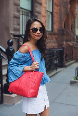 off the shoulder, chambray top, white skirt, jack wills, tory burch mules, the view from 5 ft. 2, christine petric