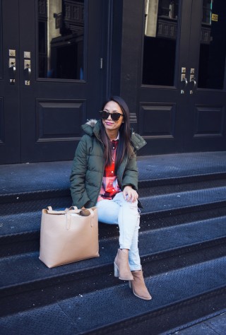 plaid shirt, old navy, puffer jacket, christine petric, the view from 5 ft. 2