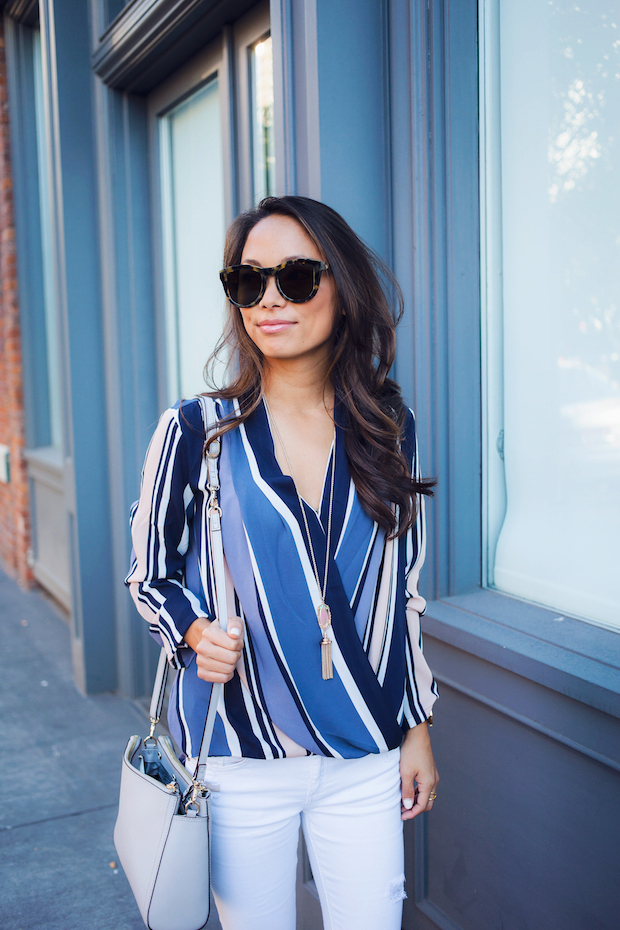 striped blouse, ann taylor, white jeans, vince booties, lo and sons, christine petric, the view from 5 ft. 2