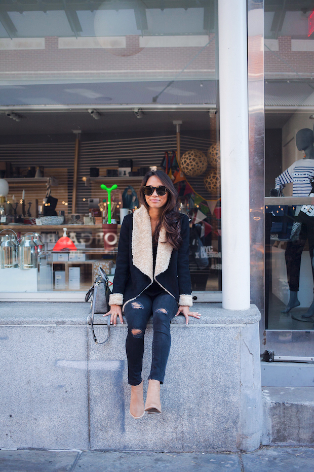 shearling jacket, shearling waterfall jacket, bernardo outerwear, the view from 5 ft. 2, ripped jeans, fall booties