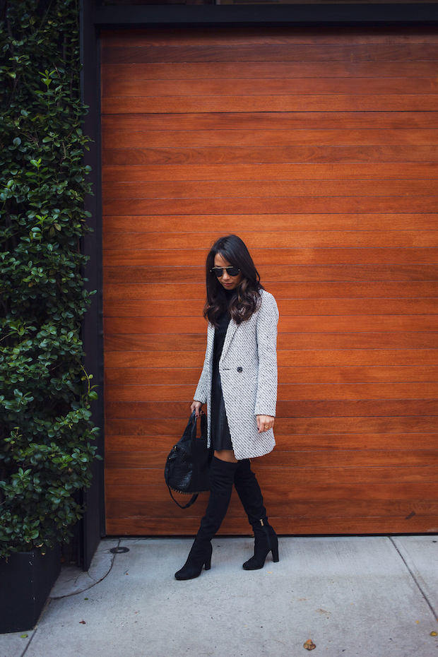 date night outfits, tweed coat, winter outfits, black over the knee boots, new york bloggers, christine petric