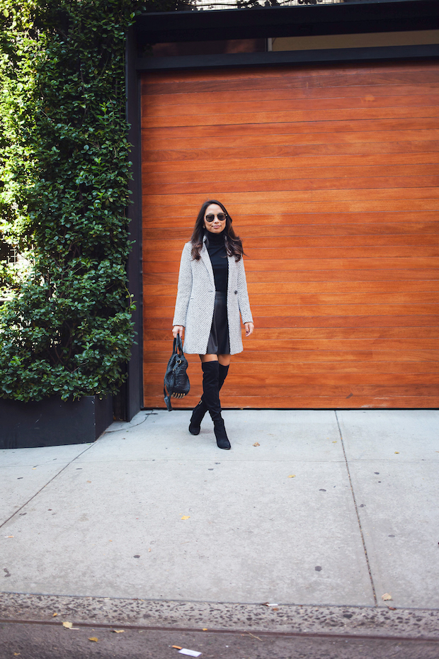 date night outfits, tweed coat, winter outfits, black over the knee boots, new york bloggers, christine petric