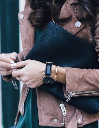 suede moto jacket, silk cami, over the knee boots