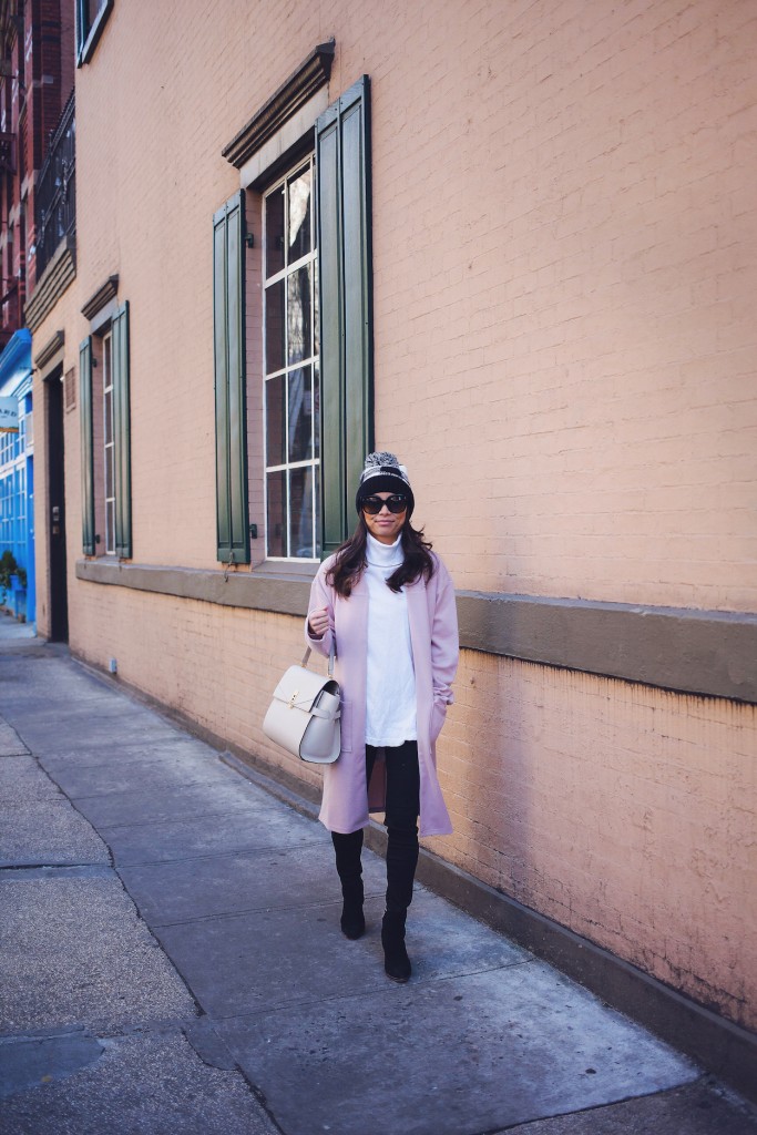 nordstrom coats, winter wardrobe, pompom beanie, pink coat, christine petric, winter style