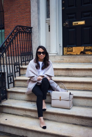 aritizia blouse, winter coat, cap toe shoes, chanel shoes, henri bendel, winter style