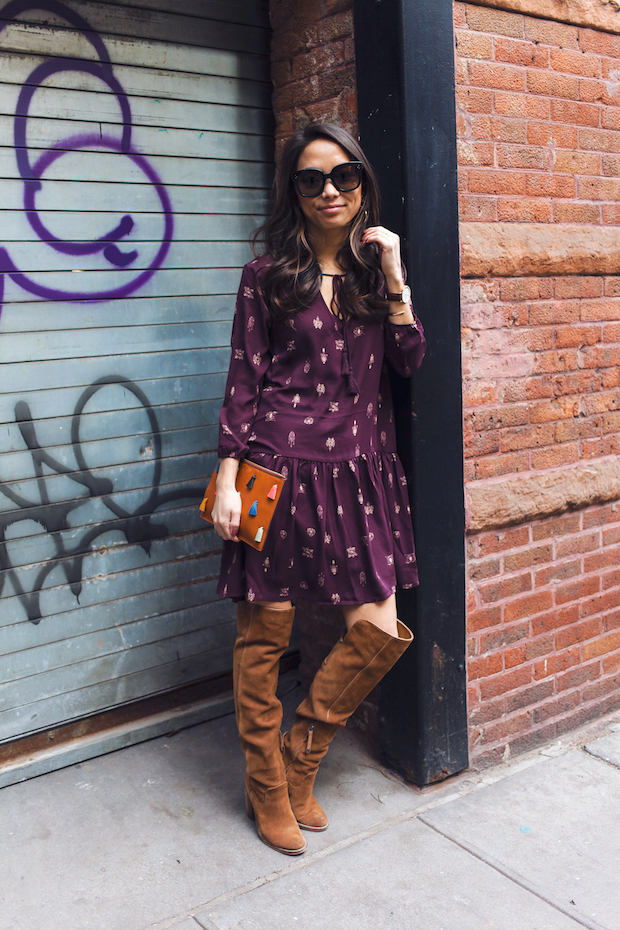 transitioning from winter, drop waist dress, fossil, over the knee boots