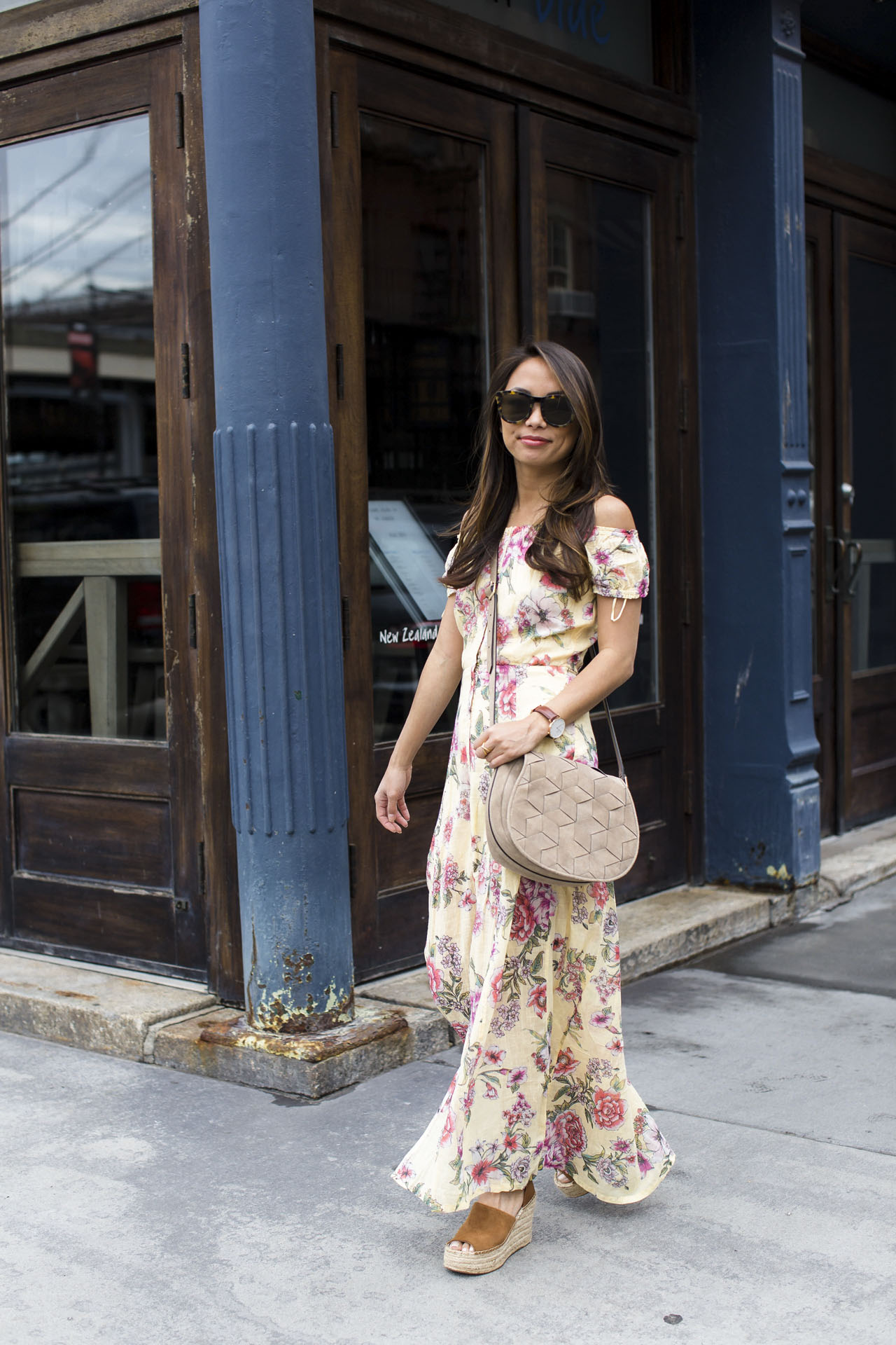 maxi dress, cotton maxi dress, dress under $100, welden bags, wedges